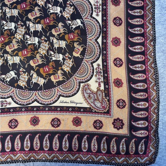 Vintage Salvatore Ferragamo Silk Equestrian And Paisley Themed Scarf 16.5”x16.5” - Picture 6 of 10